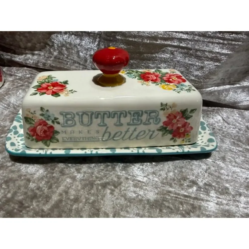 The Pioneer Woman Vintage Floral Salt and Pepper and Butter Dish Set